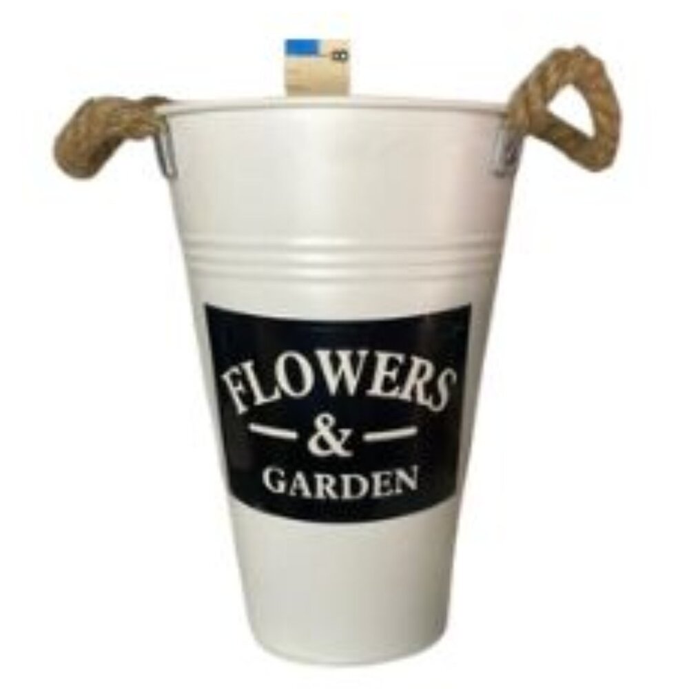 White Flowers & Garden Metal Dried Flower Bucket
